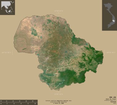 ak Lak, Vietnam vilayeti. Sentinel-2 uydu görüntüleri. Bilgilendirici örtülerle sağlam arkaplanda izole edilmiş şekil. Değiştirilmiş Kopernik Sentinel verileri içerir