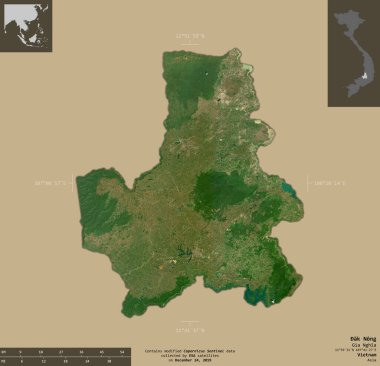 ak Nong, Vietnam vilayeti. Sentinel-2 uydu görüntüleri. Bilgilendirici örtülerle sağlam arkaplanda izole edilmiş şekil. Değiştirilmiş Kopernik Sentinel verileri içerir