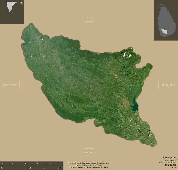 Ratnapura Distrito Sri Lanka Imágenes Satelitales Sentinel Forma Aislada Sobre — Foto de Stock