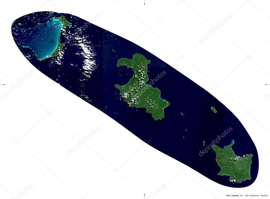 Iles Loyaute, province of New Caledonia. Sentinel-2 satellite imagery. Shape isolated on white. Description, location of the capital. Contains modified Copernicus Sentinel data