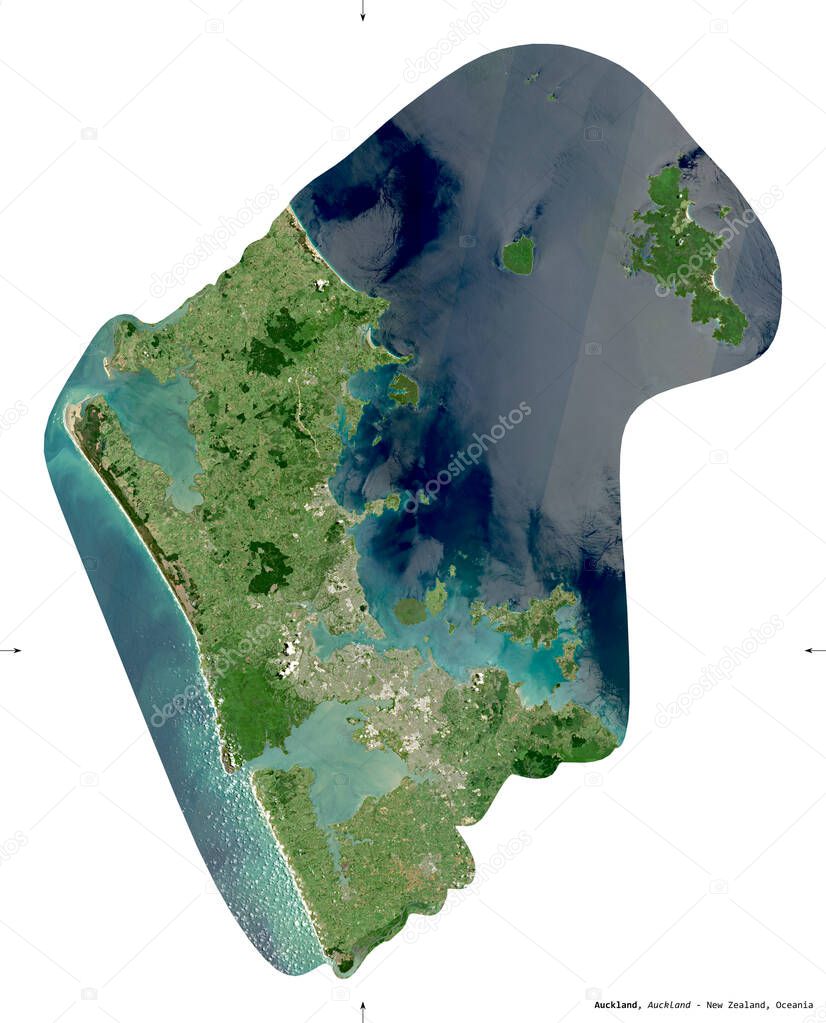 Auckland, regional council of New Zealand. Sentinel-2 satellite imagery. Shape isolated on white. Description, location of the capital. Contains modified Copernicus Sentinel data