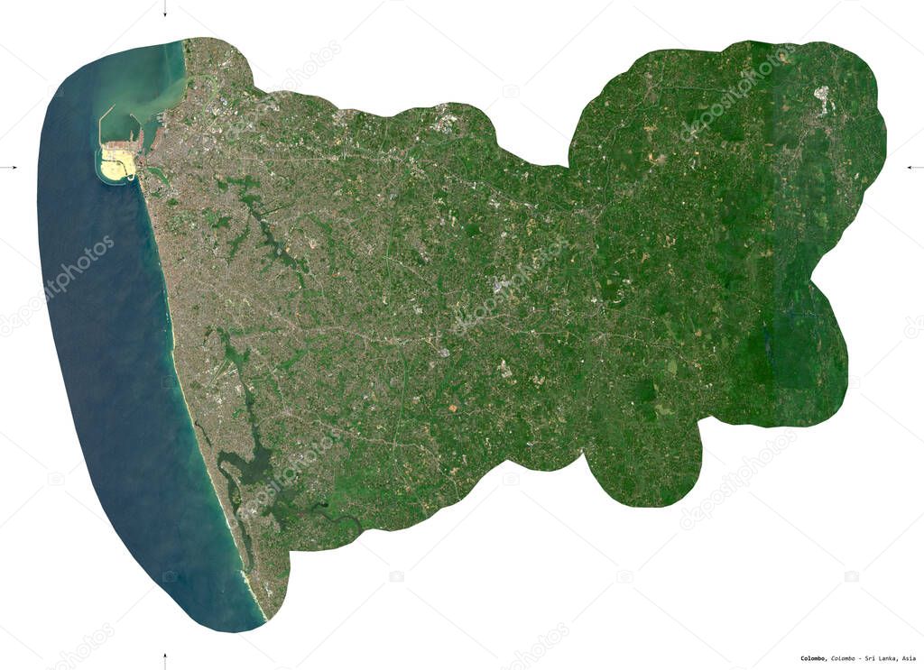 Colombo, district of Sri Lanka. Sentinel-2 satellite imagery. Shape isolated on white. Description, location of the capital. Contains modified Copernicus Sentinel data