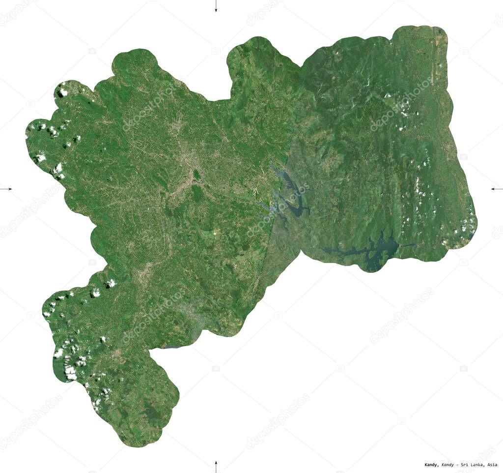 Kandy, district of Sri Lanka. Sentinel-2 satellite imagery. Shape isolated on white. Description, location of the capital. Contains modified Copernicus Sentinel data