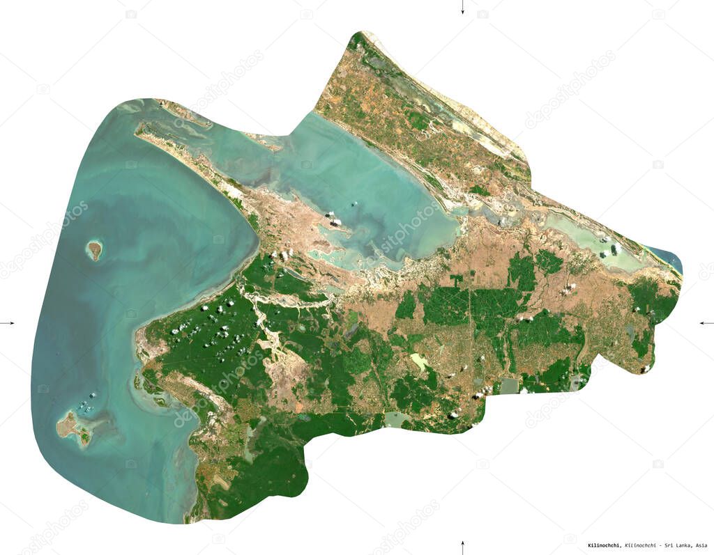 Kilinochchi, district of Sri Lanka. Sentinel-2 satellite imagery. Shape isolated on white. Description, location of the capital. Contains modified Copernicus Sentinel data