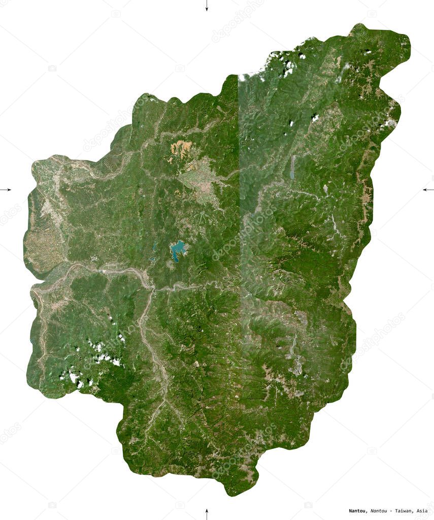 Nantou, county of Taiwan. Sentinel-2 satellite imagery. Shape isolated on white. Description, location of the capital. Contains modified Copernicus Sentinel data