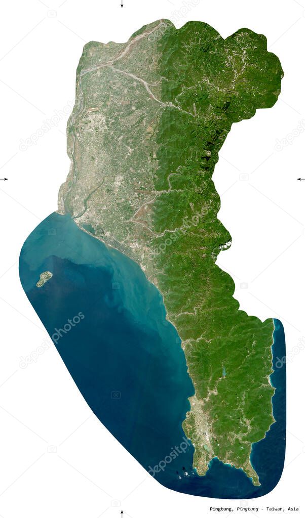 Pingtung, county of Taiwan. Sentinel-2 satellite imagery. Shape isolated on white. Description, location of the capital. Contains modified Copernicus Sentinel data