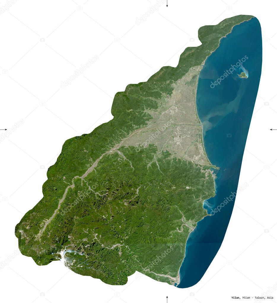 Yilan, county of Taiwan. Sentinel-2 satellite imagery. Shape isolated on white. Description, location of the capital. Contains modified Copernicus Sentinel data