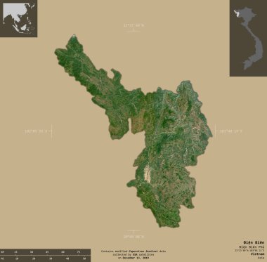 ien Bien, Vietnam vilayeti. Sentinel-2 uydu görüntüleri. Bilgilendirici örtülerle sağlam arkaplanda izole edilmiş şekil. Değiştirilmiş Kopernik Sentinel verileri içerir