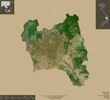 Gia Lai, Vietnam vilayeti. Sentinel-2 uydu görüntüleri. Bilgilendirici örtülerle sağlam arkaplanda izole edilmiş şekil. Değiştirilmiş Kopernik Sentinel verileri içerir