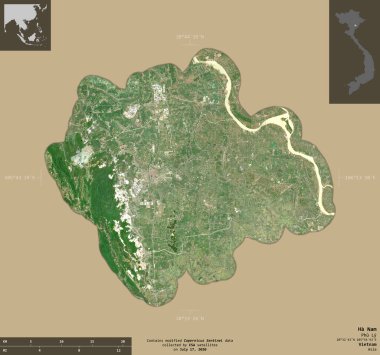 Ha Nam, Vietnam vilayeti. Sentinel-2 uydu görüntüleri. Bilgilendirici örtülerle sağlam arkaplanda izole edilmiş şekil. Değiştirilmiş Kopernik Sentinel verileri içerir