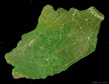Hau Giang, Vietnam vilayeti. Sentinel-2 uydu görüntüleri. Siyah üzerine izole edilmiş şekil. Tanımı, başkentin yeri. Değiştirilmiş Kopernik Sentinel verileri içerir