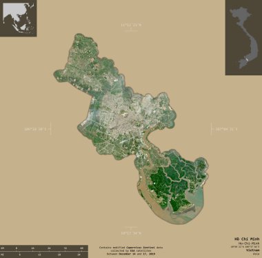 Ho Chi Minh, 124B şehri, 124A belediyesi, Vietnam 'dan Thanh pho. Sentinel-2 uydu görüntüleri. Bilgilendirici örtülerle sağlam arkaplanda izole edilmiş şekil. Değiştirilmiş Kopernik Sentinel verileri içerir