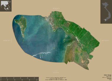 Kien Giang, Vietnam vilayeti. Sentinel-2 uydu görüntüleri. Bilgilendirici örtülerle sağlam arkaplanda izole edilmiş şekil. Değiştirilmiş Kopernik Sentinel verileri içerir