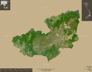 Lam ong, Vietnam vilayeti. Sentinel-2 uydu görüntüleri. Bilgilendirici örtülerle sağlam arkaplanda izole edilmiş şekil. Değiştirilmiş Kopernik Sentinel verileri içerir