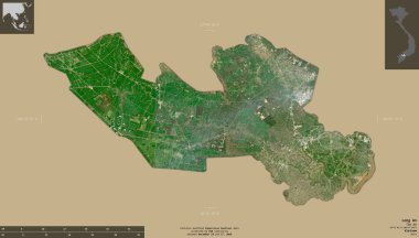 Long An, Vietnam vilayeti. Sentinel-2 uydu görüntüleri. Bilgilendirici örtülerle sağlam arkaplanda izole edilmiş şekil. Değiştirilmiş Kopernik Sentinel verileri içerir