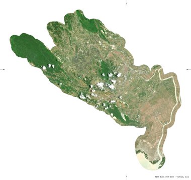 Ninh Binh, Vietnam vilayeti. Sentinel-2 uydu görüntüleri. Beyaz üzerinde izole edilmiş şekil. Tanımı, başkentin yeri. Değiştirilmiş Kopernik Sentinel verileri içerir