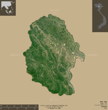 Phu Tho, Vietnam vilayeti. Sentinel-2 uydu görüntüleri. Bilgilendirici örtülerle sağlam arkaplanda izole edilmiş şekil. Değiştirilmiş Kopernik Sentinel verileri içerir