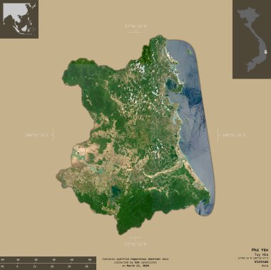 Phu Yen, Vietnam vilayeti. Sentinel-2 uydu görüntüleri. Bilgilendirici örtülerle sağlam arkaplanda izole edilmiş şekil. Değiştirilmiş Kopernik Sentinel verileri içerir