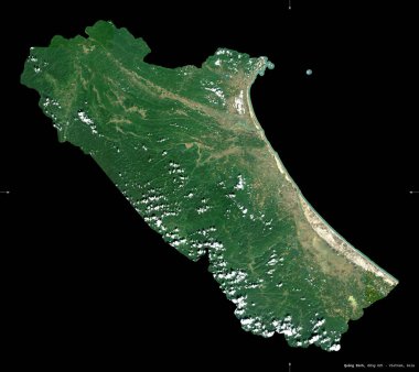 Quang Binh, Vietnam vilayeti. Sentinel-2 uydu görüntüleri. Siyah üzerine izole edilmiş şekil. Tanımı, başkentin yeri. Değiştirilmiş Kopernik Sentinel verileri içerir