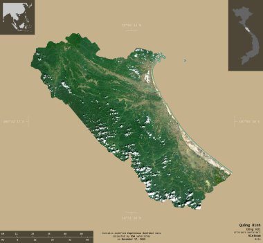 Quang Binh, Vietnam vilayeti. Sentinel-2 uydu görüntüleri. Bilgilendirici örtülerle sağlam arkaplanda izole edilmiş şekil. Değiştirilmiş Kopernik Sentinel verileri içerir