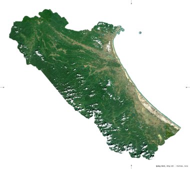 Quang Binh, Vietnam vilayeti. Sentinel-2 uydu görüntüleri. Beyaz üzerinde izole edilmiş şekil. Tanımı, başkentin yeri. Değiştirilmiş Kopernik Sentinel verileri içerir