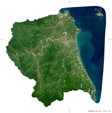Quang Ngai, Vietnam vilayeti. Sentinel-2 uydu görüntüleri. Beyaz üzerinde izole edilmiş şekil. Tanımı, başkentin yeri. Değiştirilmiş Kopernik Sentinel verileri içerir