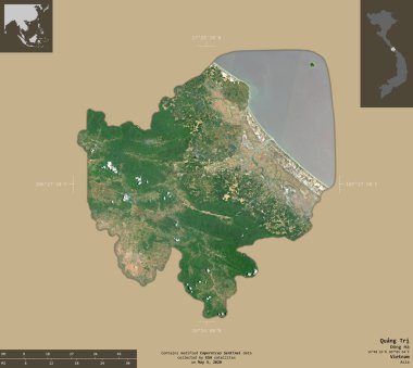 Quang Tri, Vietnam vilayeti. Sentinel-2 uydu görüntüleri. Bilgilendirici örtülerle sağlam arkaplanda izole edilmiş şekil. Değiştirilmiş Kopernik Sentinel verileri içerir