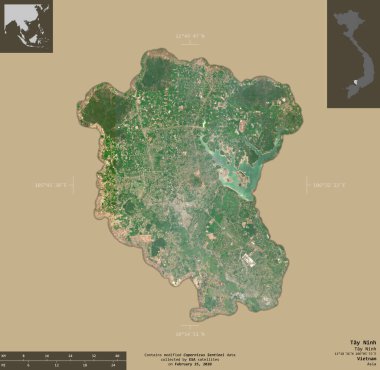 Tay Ninh, Vietnam vilayeti. Sentinel-2 uydu görüntüleri. Bilgilendirici örtülerle sağlam arkaplanda izole edilmiş şekil. Değiştirilmiş Kopernik Sentinel verileri içerir