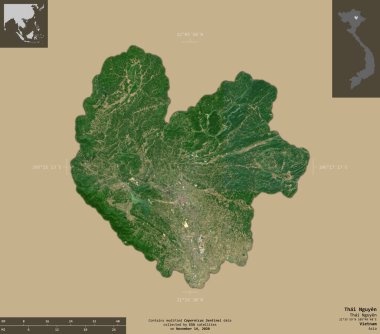 Tayland Nguyen, Vietnam vilayeti. Sentinel-2 uydu görüntüleri. Bilgilendirici örtülerle sağlam arkaplanda izole edilmiş şekil. Değiştirilmiş Kopernik Sentinel verileri içerir