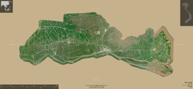 Tien Giang, Vietnam vilayeti. Sentinel-2 uydu görüntüleri. Bilgilendirici örtülerle sağlam arkaplanda izole edilmiş şekil. Değiştirilmiş Kopernik Sentinel verileri içerir