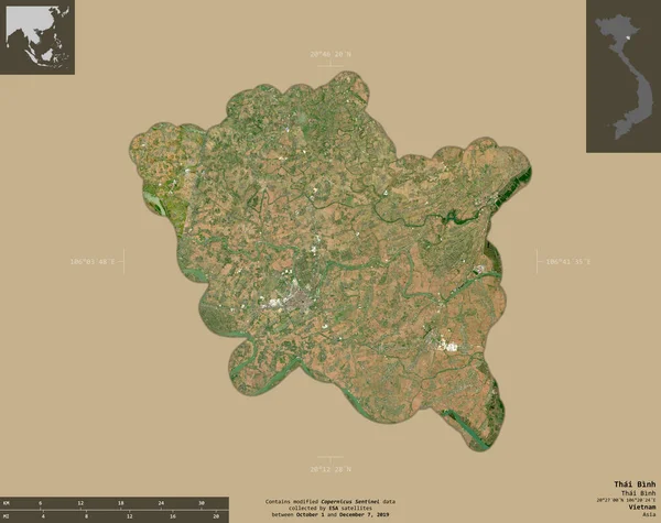 Tayland Binh 'i, Vietnam vilayeti. Sentinel-2 uydu görüntüleri. Bilgilendirici örtülerle sağlam arkaplanda izole edilmiş şekil. Değiştirilmiş Kopernik Sentinel verileri içerir