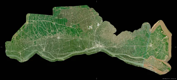Tien Giang, Vietnam vilayeti. Sentinel-2 uydu görüntüleri. Siyah üzerine izole edilmiş şekil. Tanımı, başkentin yeri. Değiştirilmiş Kopernik Sentinel verileri içerir
