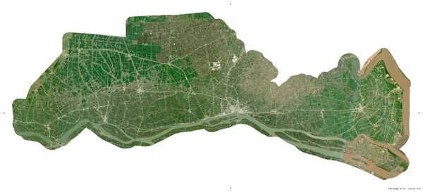 Tien Giang, Vietnam vilayeti. Sentinel-2 uydu görüntüleri. Beyaz üzerinde izole edilmiş şekil. Tanımı, başkentin yeri. Değiştirilmiş Kopernik Sentinel verileri içerir