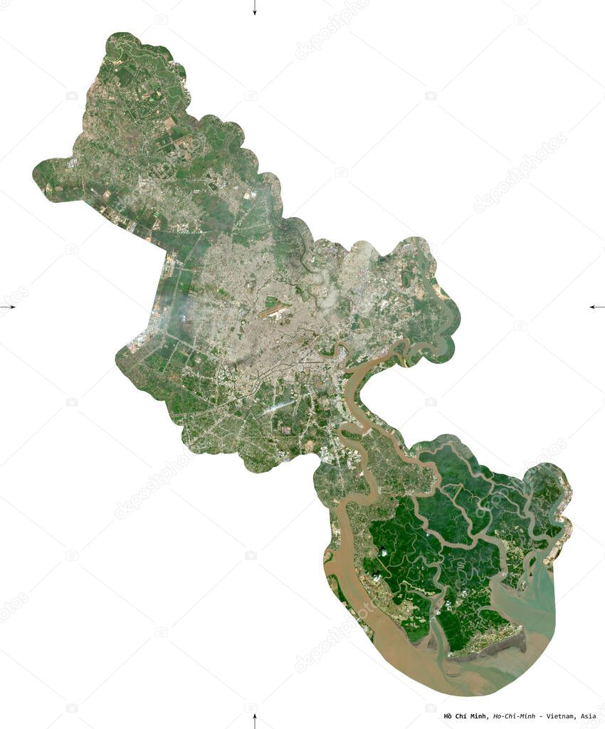 Ho Chi Minh, city|municipality|thanh pho of Vietnam. Sentinel-2 satellite imagery. Shape isolated on white. Description, location of the capital. Contains modified Copernicus Sentinel data