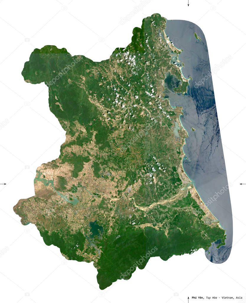 Phu Yen, province of Vietnam. Sentinel-2 satellite imagery. Shape isolated on white. Description, location of the capital. Contains modified Copernicus Sentinel data