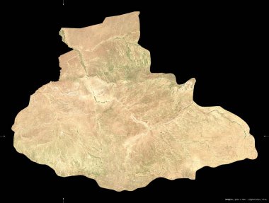 Badghis, Afganistan vilayeti. Sentinel-2 uydu görüntüleri. Siyah üzerine izole edilmiş şekil. Tanımı, başkentin yeri. Değiştirilmiş Kopernik Sentinel verileri içerir