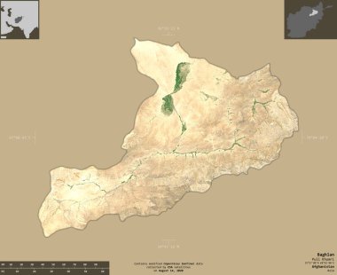 Baghlan, Afganistan eyaleti. Sentinel-2 uydu görüntüleri. Bilgilendirici örtülerle sağlam arkaplanda izole edilmiş şekil. Değiştirilmiş Kopernik Sentinel verileri içerir