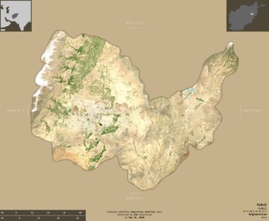 Kabil, Afganistan vilayeti. Sentinel-2 uydu görüntüleri. Bilgilendirici örtülerle sağlam arkaplanda izole edilmiş şekil. Değiştirilmiş Kopernik Sentinel verileri içerir