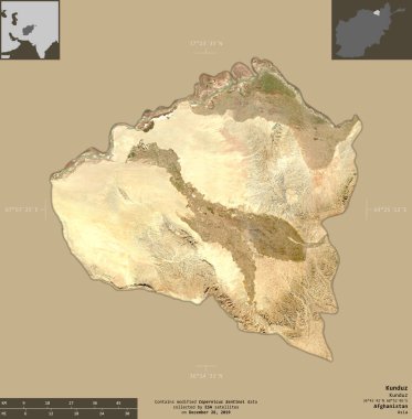Kunduz, Afganistan vilayeti. Sentinel-2 uydu görüntüleri. Bilgilendirici örtülerle sağlam arkaplanda izole edilmiş şekil. Değiştirilmiş Kopernik Sentinel verileri içerir