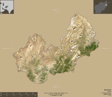 Nuristan, Afganistan vilayeti. Sentinel-2 uydu görüntüleri. Bilgilendirici örtülerle sağlam arkaplanda izole edilmiş şekil. Değiştirilmiş Kopernik Sentinel verileri içerir