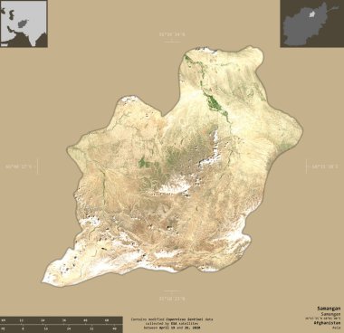 Samangan, Afganistan eyaleti. Sentinel-2 uydu görüntüleri. Bilgilendirici örtülerle sağlam arkaplanda izole edilmiş şekil. Değiştirilmiş Kopernik Sentinel verileri içerir