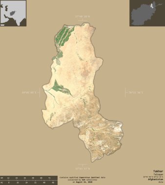 Takhar, Afganistan vilayeti. Sentinel-2 uydu görüntüleri. Bilgilendirici örtülerle sağlam arkaplanda izole edilmiş şekil. Değiştirilmiş Kopernik Sentinel verileri içerir