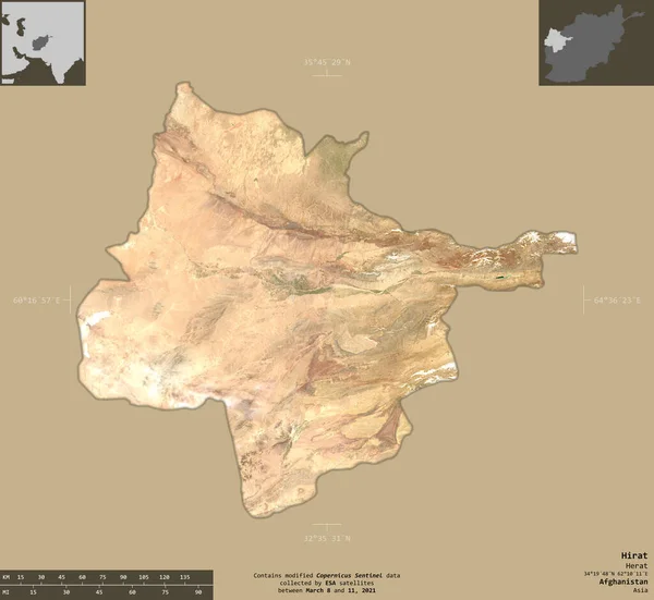 赫拉特 阿富汗省 2号卫星图像 在坚实的背景上与信息覆盖隔离的形状 包含修改后的哥白尼哨兵数据 — 图库照片