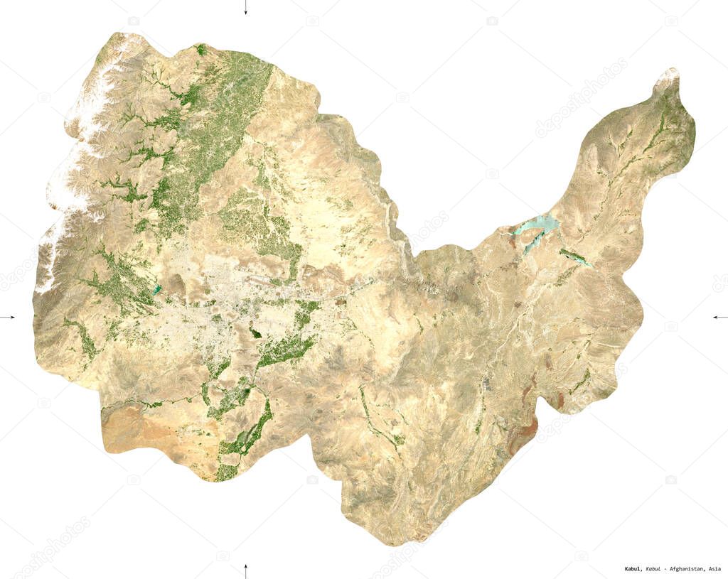 Kabul, province of Afghanistan. Sentinel-2 satellite imagery. Shape isolated on white. Description, location of the capital. Contains modified Copernicus Sentinel data