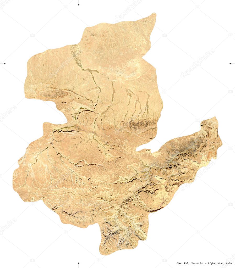 Sari Pul, province of Afghanistan. Sentinel-2 satellite imagery. Shape isolated on white. Description, location of the capital. Contains modified Copernicus Sentinel data