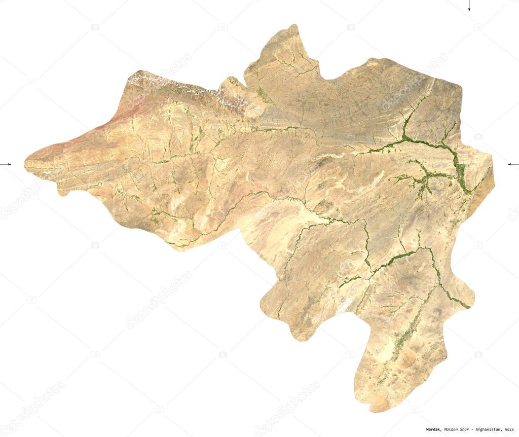 Wardak, province of Afghanistan. Sentinel-2 satellite imagery. Shape isolated on white. Description, location of the capital. Contains modified Copernicus Sentinel data