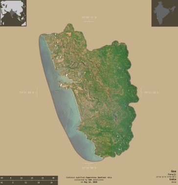 Goa, Hindistan eyaleti. Sentinel-2 uydu görüntüleri. Bilgilendirici örtülerle sağlam arkaplanda izole edilmiş şekil. Değiştirilmiş Kopernik Sentinel verileri içerir