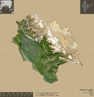 Himachal Pradesh, Hindistan 'ın birlik bölgesi. Sentinel-2 uydu görüntüleri. Bilgilendirici örtülerle sağlam arkaplanda izole edilmiş şekil. Değiştirilmiş Kopernik Sentinel verileri içerir