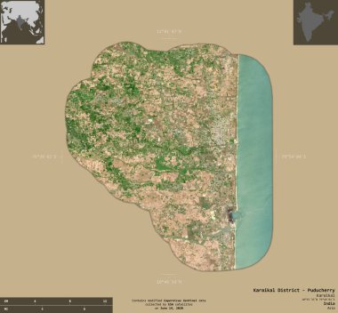 Karaikal Bölgesi - Puducherry, Hindistan sendika bölgesi. Sentinel-2 uydu görüntüleri. Bilgilendirici örtülerle sağlam arkaplanda izole edilmiş şekil. Değiştirilmiş Kopernik Sentinel verileri içerir