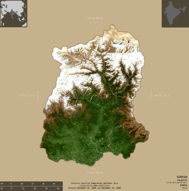 Sikkim, state of India. Sentinel-2 satellite imagery. Shape isolated on solid background with informative overlays. Contains modified Copernicus Sentinel data clipart